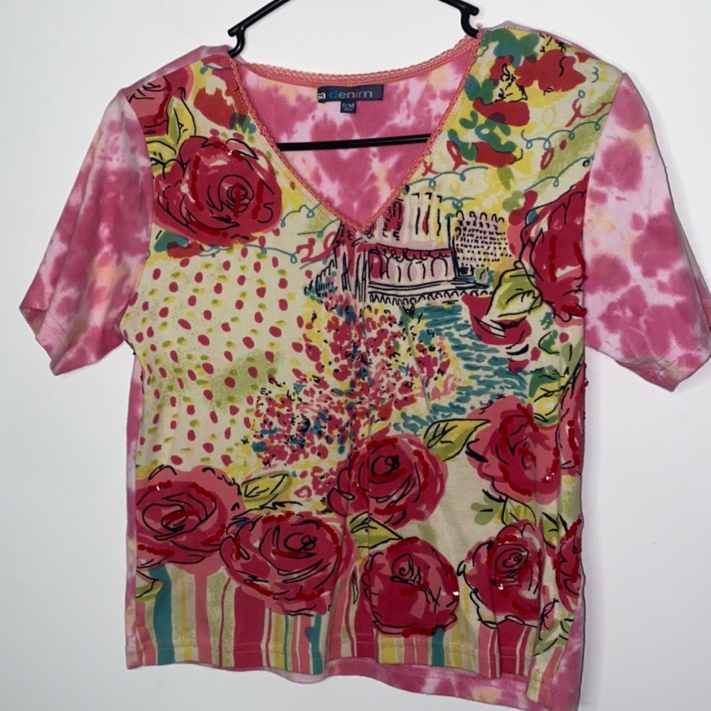 SA DENIM PINK ART PRINT CROPPED TOP